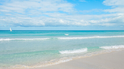 Obraz premium Calm ocean waves gently lap on the sandy shore under a bright blue sky