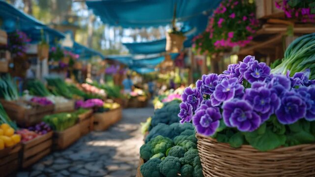 96Vibrant farmers market composition with a wicker basket of purple flowers and green vegetables, crisp focus on natural textures, sunlit stalls and bustling crowd creating depth and