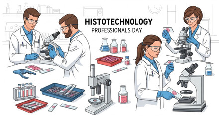 Professional Vector Illustration of Histotechnologists Working with Microscopes, Tissue Samples, and Laboratory Equipment for Histotechnology Professionals Day