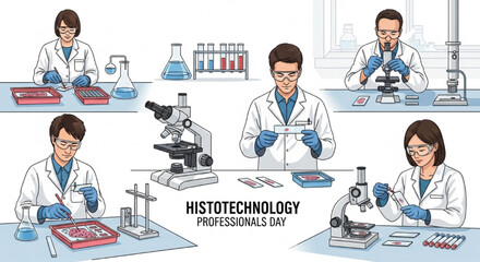 Professional Vector Illustration of Histotechnologists Working with Microscopes, Tissue Samples, and Laboratory Equipment for Histotechnology Professionals Day