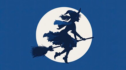 Silhouette of a witch flying on a broom against a large moon