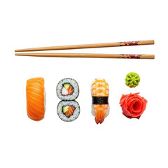 A colorful arrangement of sushi rolls salmon and a rose blossom presented on transparent background