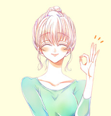 若い女性　OKサイン　にっこり　お団子頭