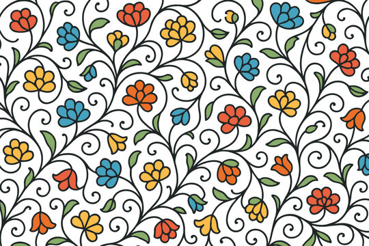 Vibrant floral vine pattern with multicolored blossoms and leaves