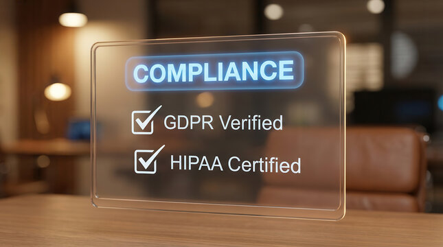 Transparent glass display with digital compliance icons showing secure data verification and legal safety in modern office business environment symbolizing trust and protection
