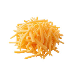 A vibrant pile of shredded cheddar cheese realistically rendered and isolated on transparent background high quality