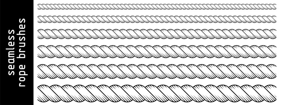 Rope string seamless patterns, set of braid brush borders. Cowboy or sailor, nautical, marine knit cords. Western decorative cables for frames. Black vector illustration isolated on white background