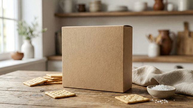 Cardboard box with crackers and sea salt on wooden table in kitchen setting