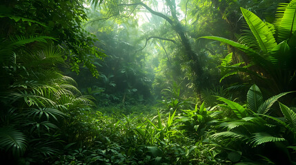 Obraz premium Enchanting tropical rainforest bathed in soft sunlight, revealing a vibrant ecosystem of lush green foliage and untouched natural beauty