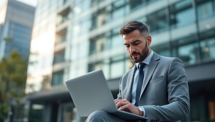 Fototapeta premium Focused Businessman in a Grey Suit Working on a Silver Laptop Outdoors in Front of Sleek Glass Office Buildings on a Sunny Day