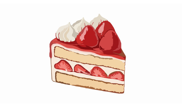 Juicy strawberry dessert vector illustration in realistic traced style with creamy cake slice