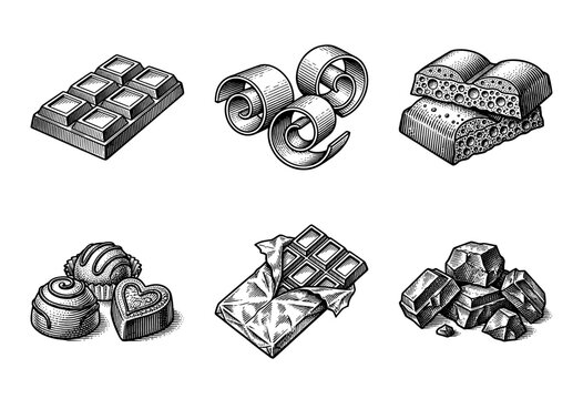 Collection of chocolate confectionery and bar varieties in a vintage woodcut engraving style