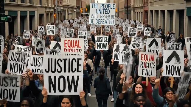 Crowd of protesters marching down a city street holding signs demanding justice and equality.