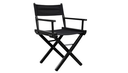Director folding chair isolated on a transparent background, classic film set seat, perfect for cinema, filmmaking, production, Hollywood, studio, or entertainment-themed designs.