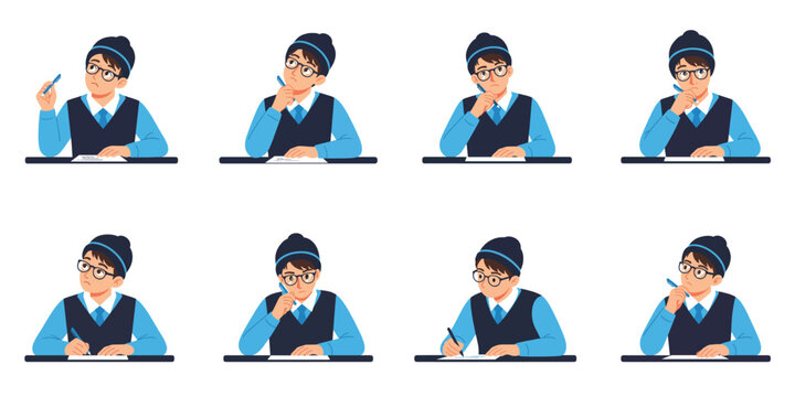 Student thinking during exam with transparent background