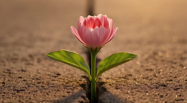Flower defying odds growing through concrete crack in a symbol of hope