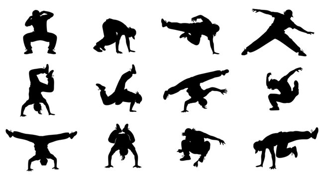 Collection of Breakdancing Silhouettes in Various Dynamic Poses.