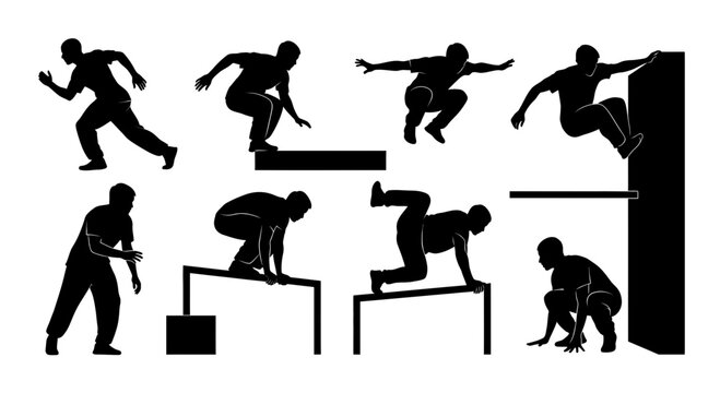 Silhouettes of people in various parkour and freerunning poses.