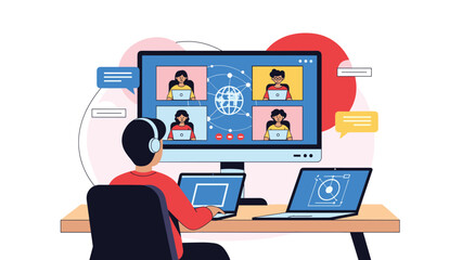Fototapeta premium Young man working from home having a virtual video conference meeting with diverse colleagues on multiple computer screens and laptops.