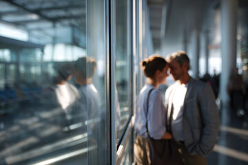 A loving couple is captured sharing a moment against the backdrop of an airport window, conveying feelings of romance and intimacy amid the travel scene.