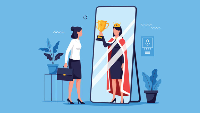 Confident businesswoman looking into a mirror and seeing herself as a crowned queen with a trophy, representing self-esteem and success.