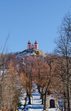 Banska Stiavnica Calvary Complex Atop Snowy Winter Hill Slovakia