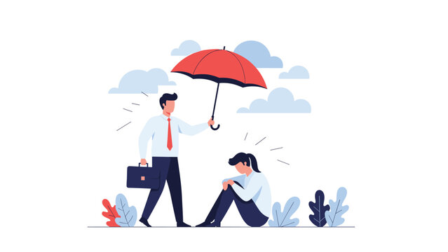 Kind businessman holding a red umbrella over a sad woman sitting on the ground to show compassion, support, and mental health care.