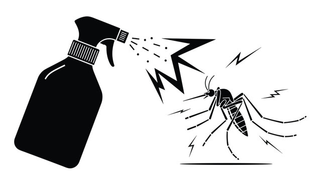 Black silhouette of a spray bottle emitting chemicals to exterminate a mosquito representing pest control and disease prevention.