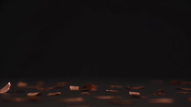Copper colored paint chips falling down with a dark background composition