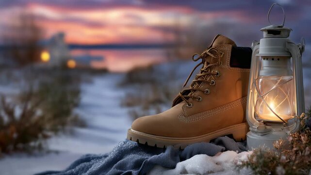 Close-up of sturdy boots near a softly glowing lantern, snow lightly dusted around, warm sunset casting gentle orange hues across snowy path, tranquil winter scene