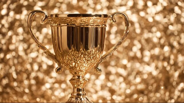 A gleaming gold trophy against a sparkling golden background.