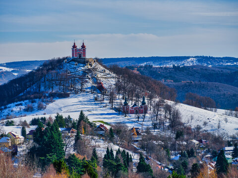 Banska Stiavnica Baroque Calvary Complex On Snowy Hill Winter Slovakia