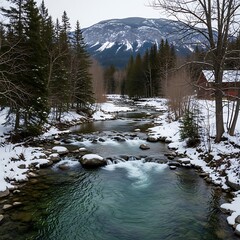 Winter River Scene - Snow-Covered Landscape with Mountain Backdrop.