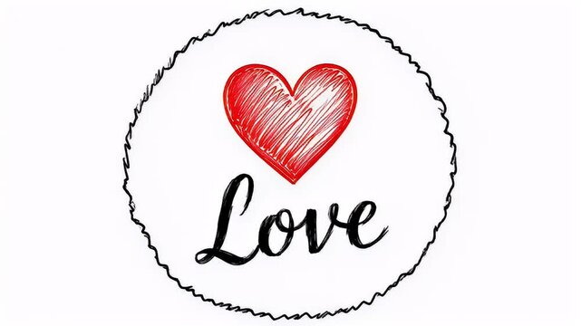 Handdrawn heart above the word Love, within a squiggly circle design