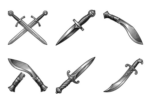 Collection of vintage hand drawn historical bladed weapons including crossed longswords daggers kukri knives and ornate scimitar in woodcut engraving style