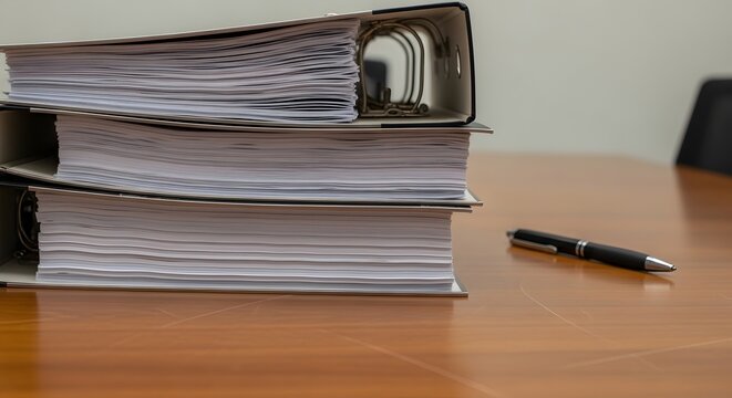 Stack of business documents on desk with pen, representing paperwork management, compliance documentation and corporate record keeping.
