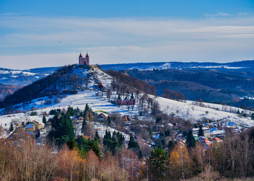 Banska Stiavnica Calvary Complex Above Snowy Winter Townscape Slovakia