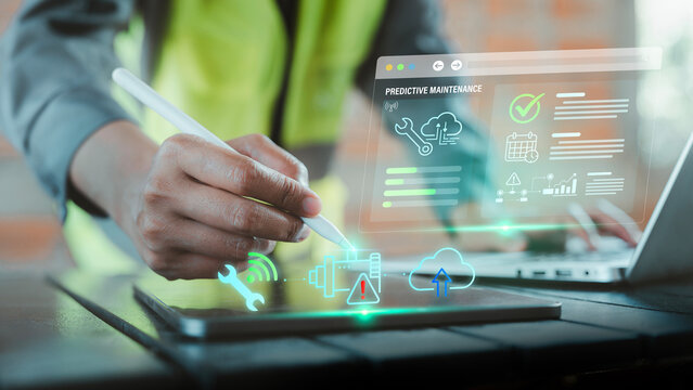 Engineer hand using stylus on tablet with predictive maintenance dashboard UI hologram for industrial IoT concept, Zero downtime, OEE Overall Equipment Effectiveness, Sensor network, Efficiency Safety