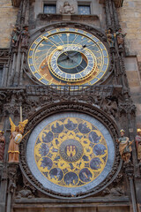 Fototapeta premium Iconic Prague Astronomical Clock Orloj with Zodiac Calendar and Gothic Sculptures with Copy Space