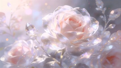 Crystal rose flowers illustration, gem texture, transparent flowers, fantastic and dreamy floral wallpaper