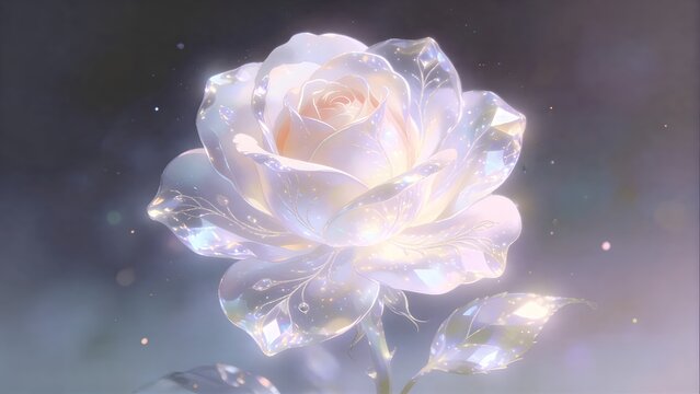 Crystal rose flower illustration on black tone background, gem texture, transparent flower, fantastic and dreamy floral wallpaper