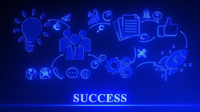 Neon blue business success concept illustration with icons and text SUCES on a dark background strategy