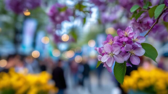 Expressive urban spring scene featuring flowering branches over a crowded sidewalk, blossoms in vivid focus, pedestrians blurred in dynamic motion, bright cheerful colors symbolizi