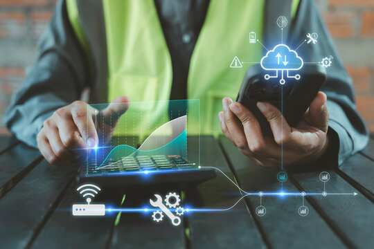 predictive maintenance, Smart factory engineer using calculator smartphone data chart and IoT flow for AI risk management, OEE Overall Equipment Effectiveness, Sensor network, Efficiency Safety