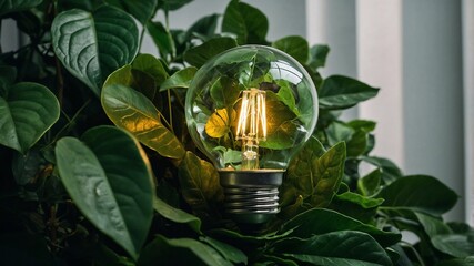 Glowing light bulb amidst lush green plants indoors on table