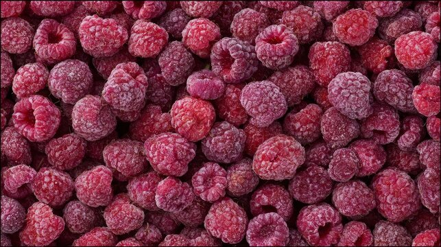 Freeze dried raspberries background with vibrant red texture, natural fruit pattern, healthy snack concept, organic food ingredient, detailed macro surface for culinary design and packaging