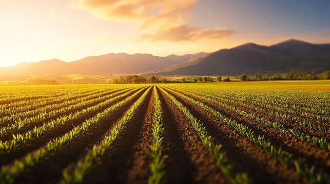Expansive fields stretch under a glowing sunset with mountains in the background