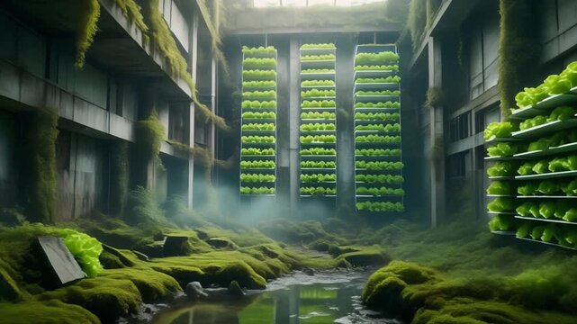 Abandoned Building Reclaimed by Nature: Vertical Hydroponic Gardens and Moss-Covered Surfaces with Stream Running Through
