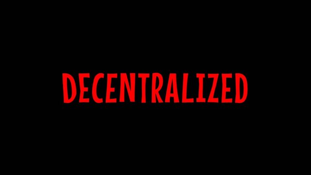 Bold red decentralized text on dark background, representing blockchain technology, distributed systems, and modern digital network concept.