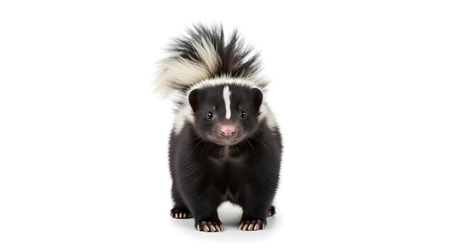 A young striped skunk looking forward on a white background